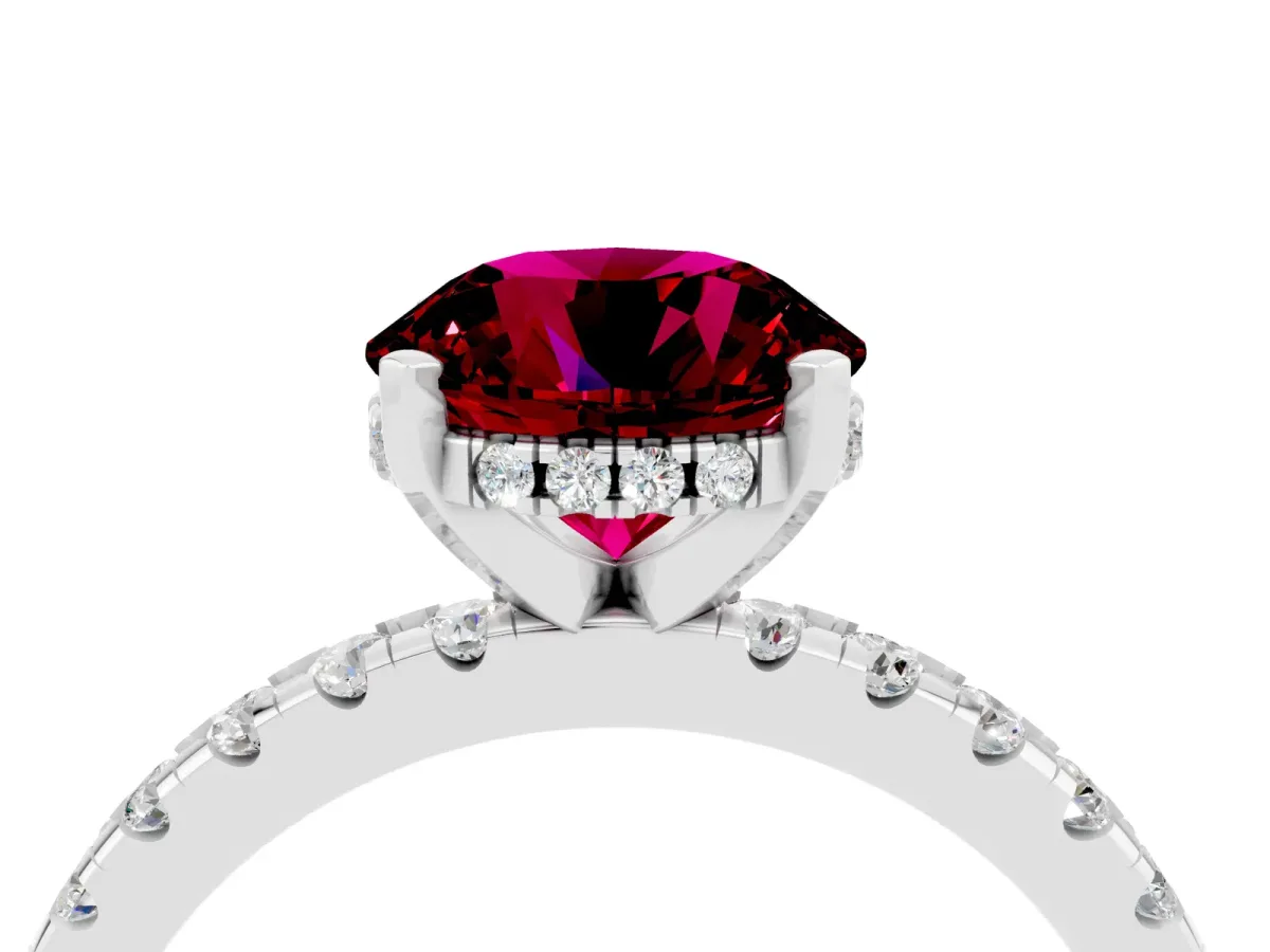 Round Cut Garnet Solitaire Ring with Round Pavé Band and Four-Prong Setting Silver