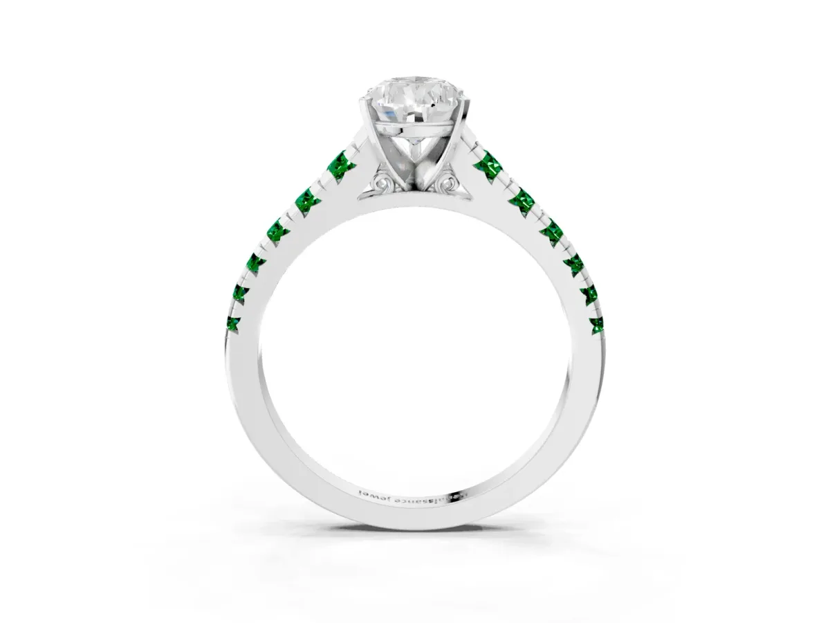 Pear Cut Diamond Cathedral Solitaire Ring with Round Emerald Pavé Band White gold