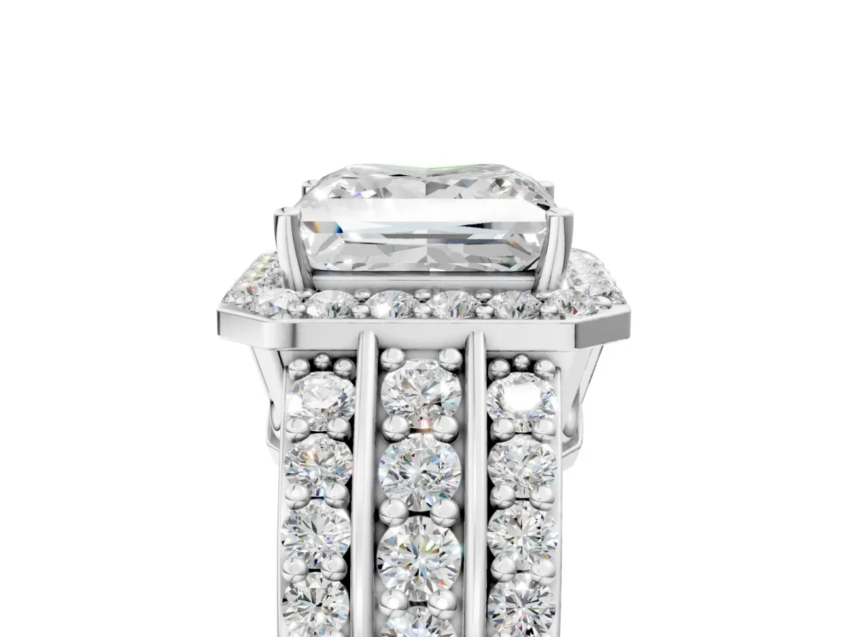 Princess Cut Halo Diamond Ring with Round Split Shank and Prong Setting Silver