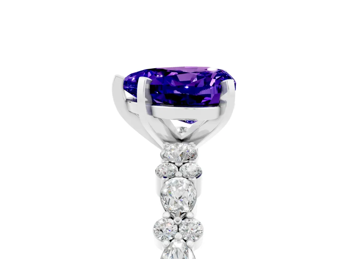 Heart Cut Tanzanite Side Stone Solitaire Ring with Round and Four-Prong Setting Platinum