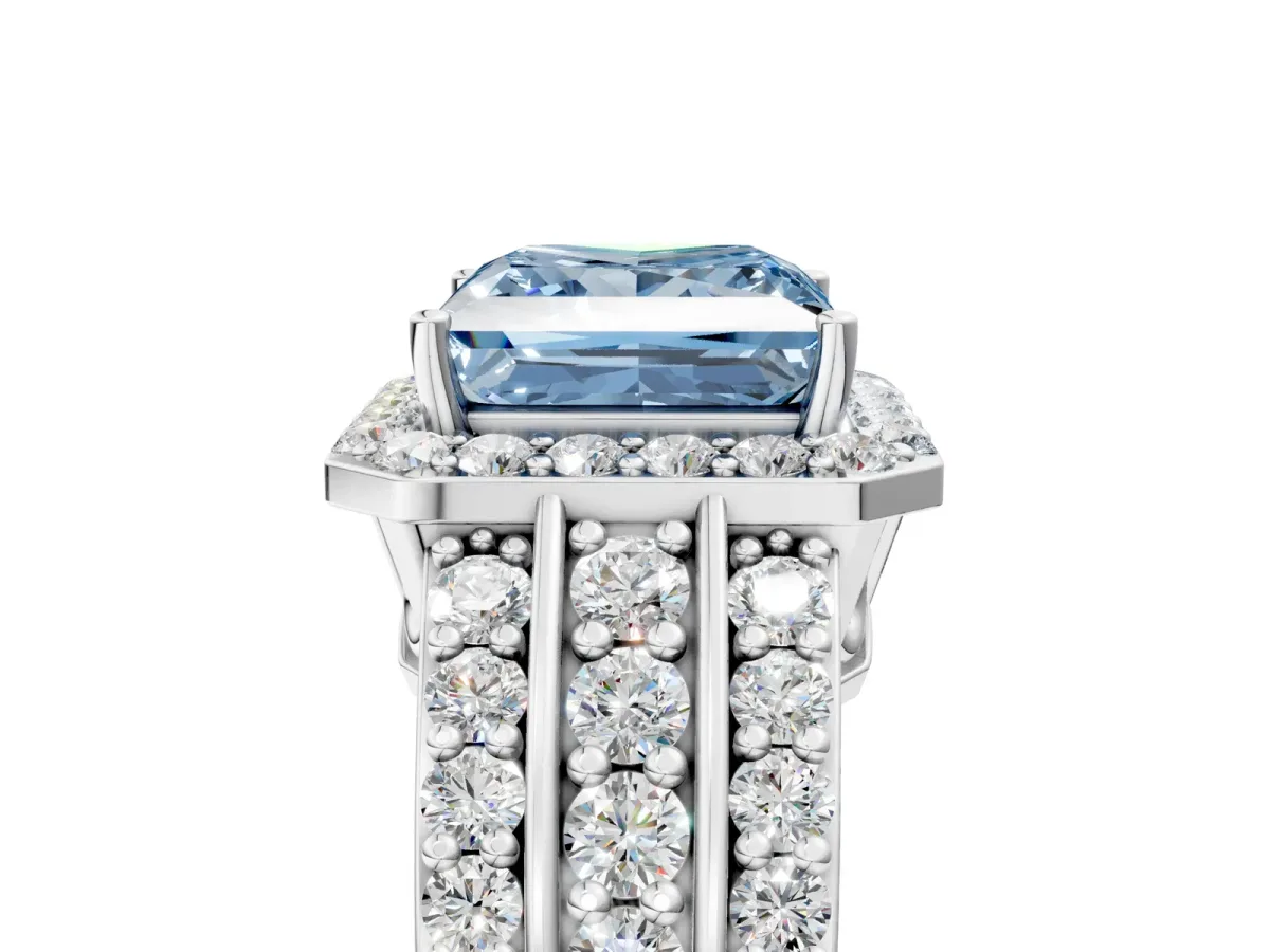Fancy Blue Princess Cut Halo Diamond Ring with Round Split Shank and Prong Setting Silver