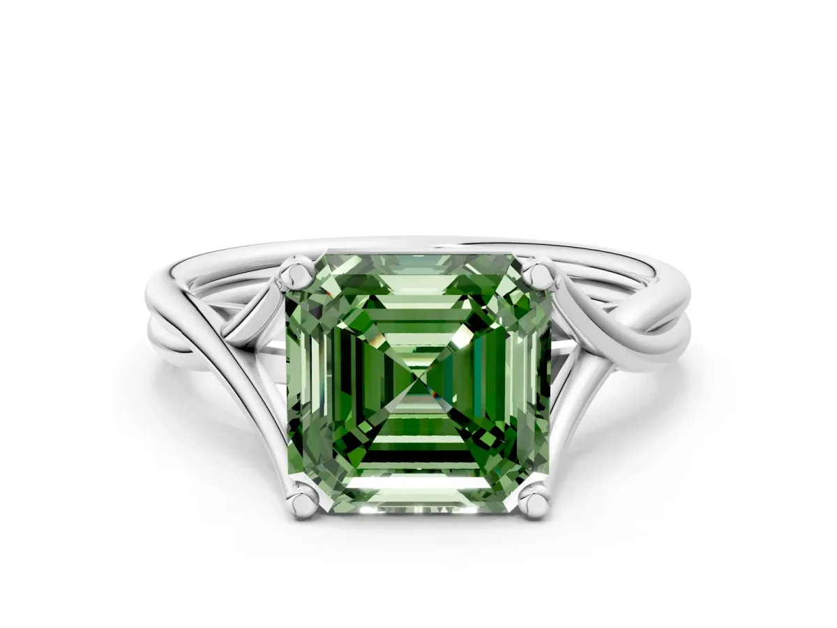 Fancy Green Asscher Cut Diamond Solitaire Twist Band Prong Setting Ring Platinum