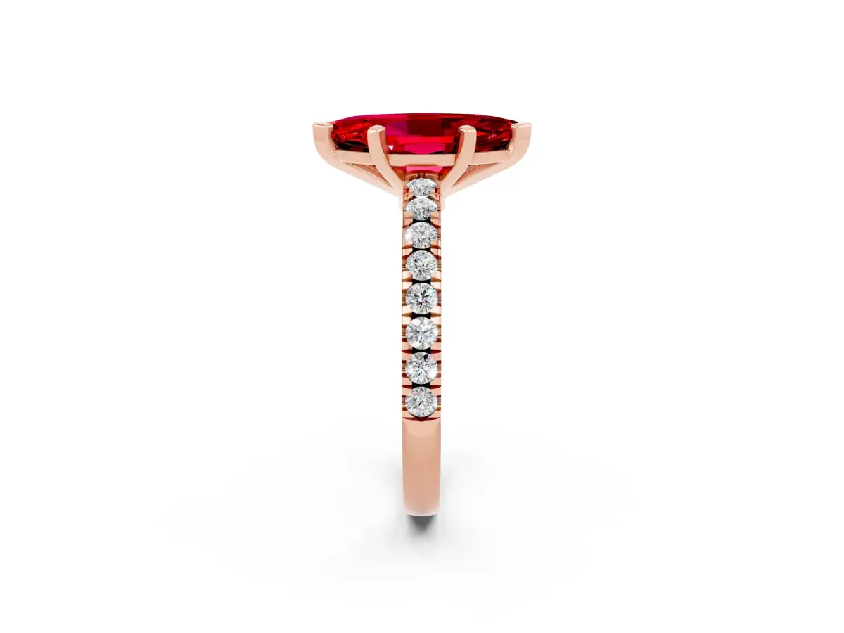 Marquise Cut Solitaire Ruby with Pavé Band and Four-Prong Setting Rose gold