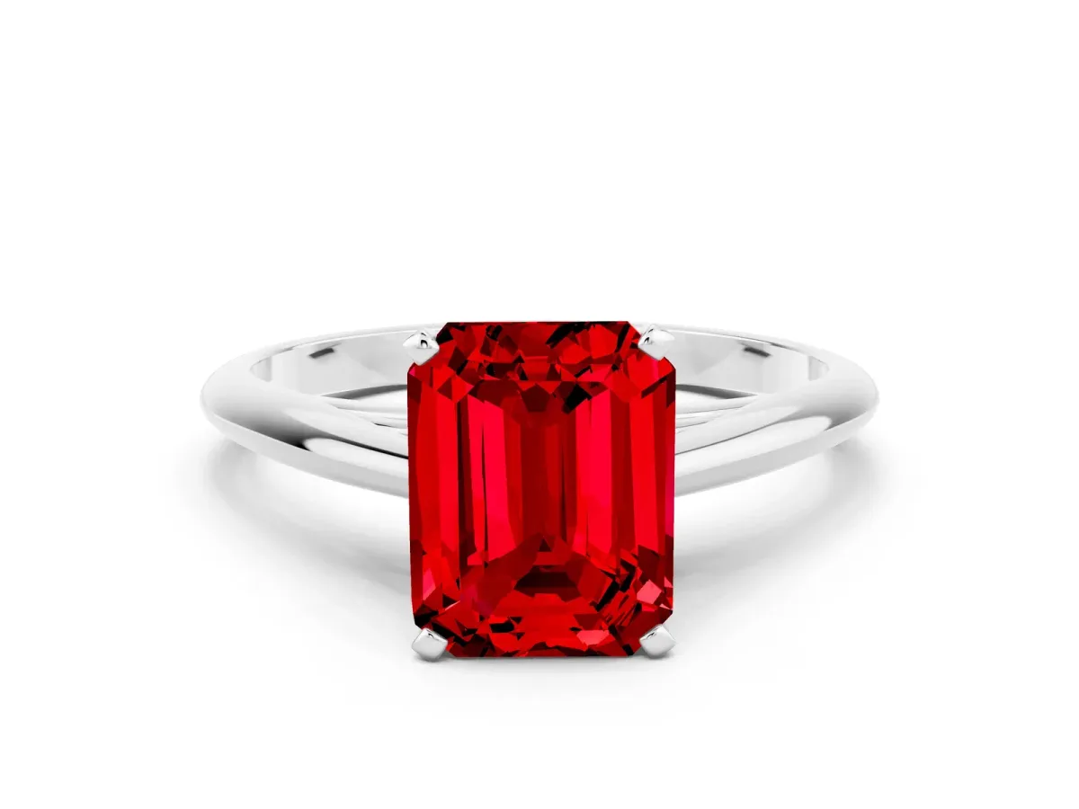 Emerald Cut Ruby Solitaire Engagement Ring with Cathedral Setting and Four-Prong Mount White gold