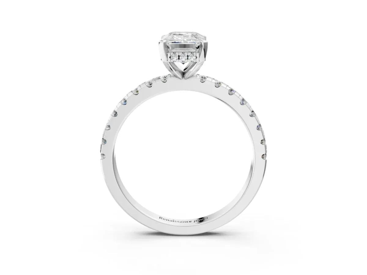 Emerald Cut Diamond Solitaire Ring with Round Pavé Band and Four-Prong Setting Platinum