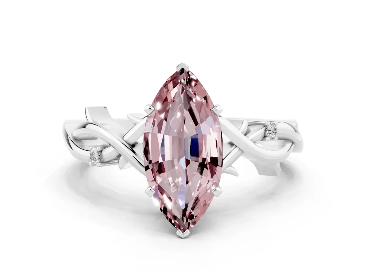 Marquise Cut Morganite Solitaire Ring with Twisted Band and Prong Setting Silver