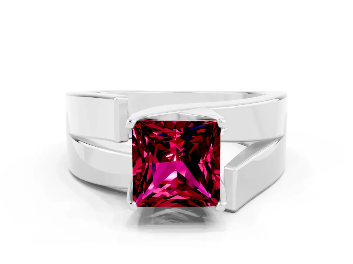 Modern Tension Set Princess Cut Garnet Solitaire Wide Band Ring Silver