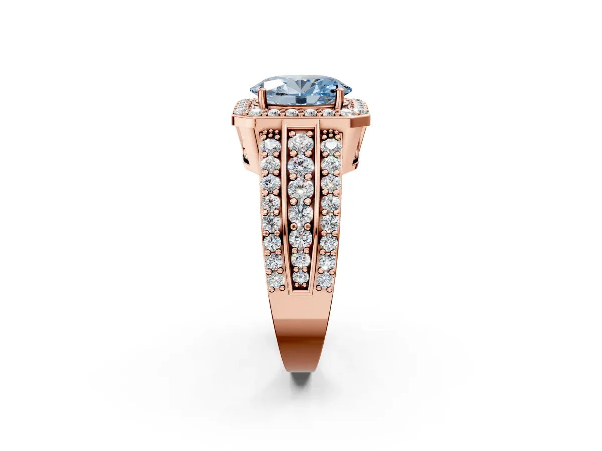 Fancy Blue Oval Cut Halo Diamond Ring with Round Split Shank and Prong Setting Rose gold