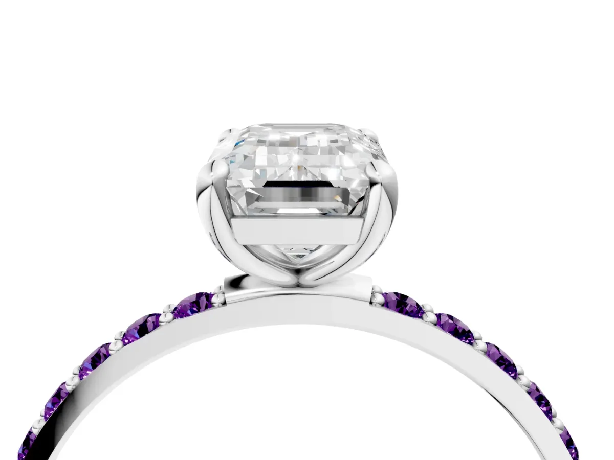 Emerald Cut Diamond Solitaire Ring with Round Amethyst Pavé Band and Prong Setting Platinum