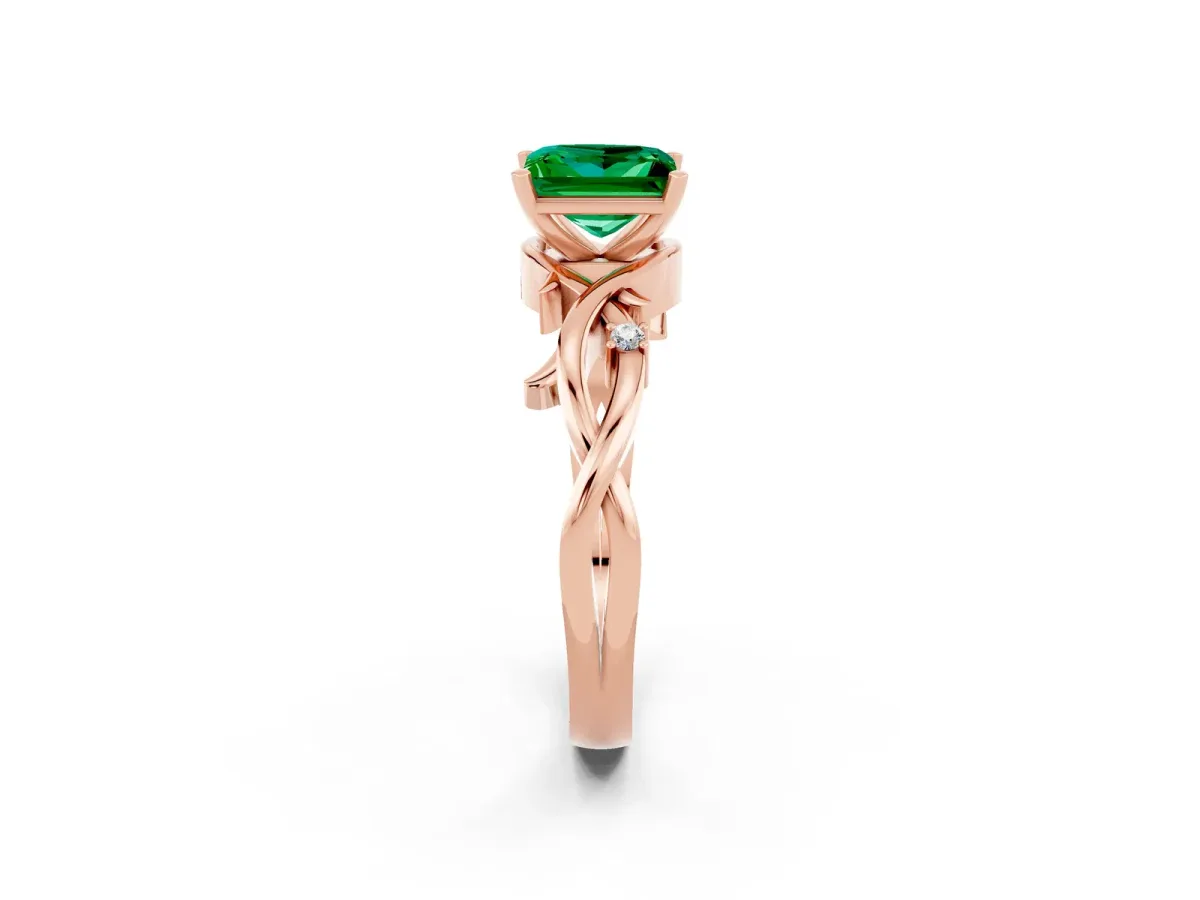 Princess Cut Emerald Solitaire Ring with Twisted Band and Prong Setting Rose gold