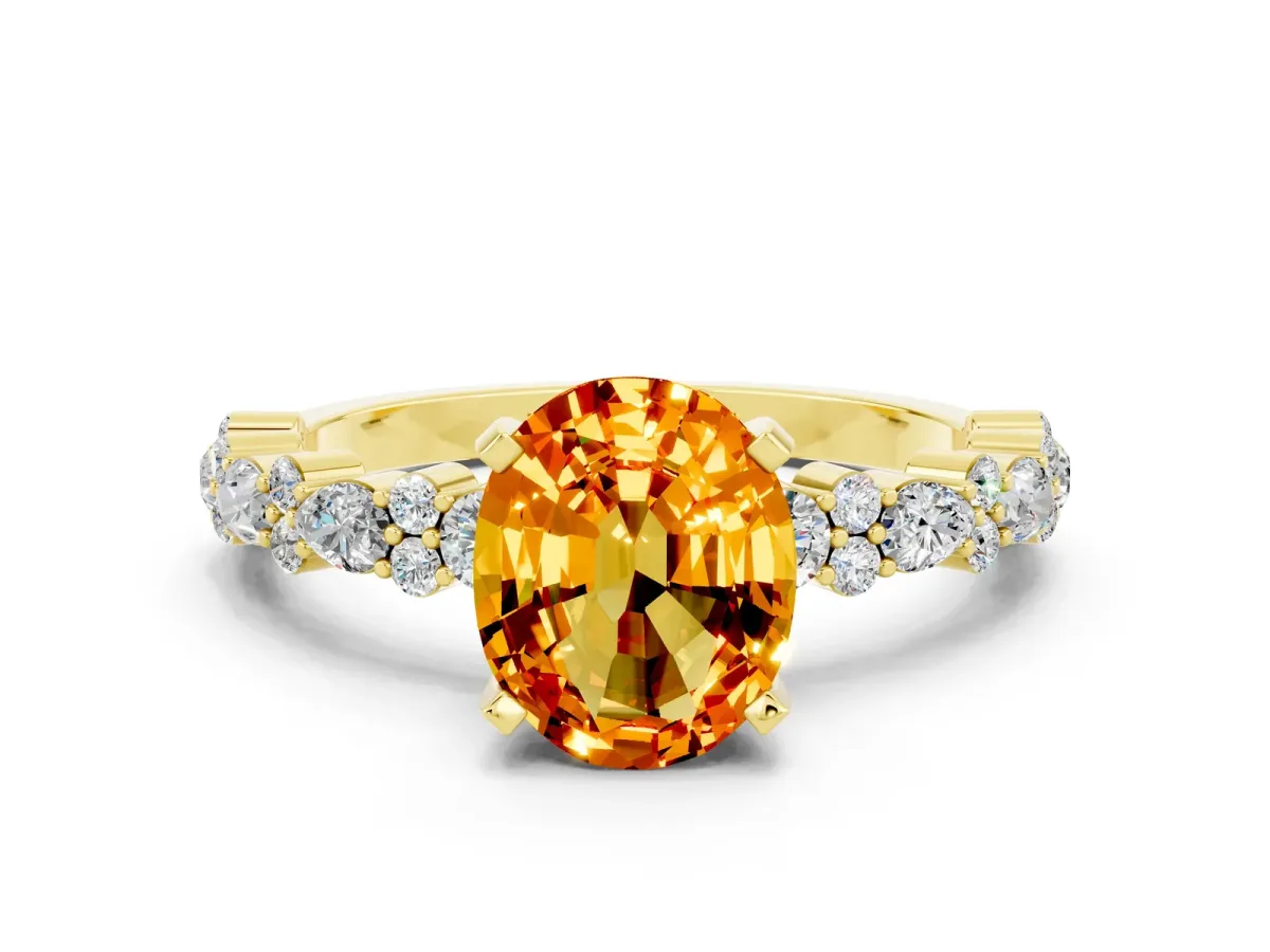 Oval Cut Citrine Side Stone Solitaire Ring with Round and Four-Prong Setting Yellow gold
