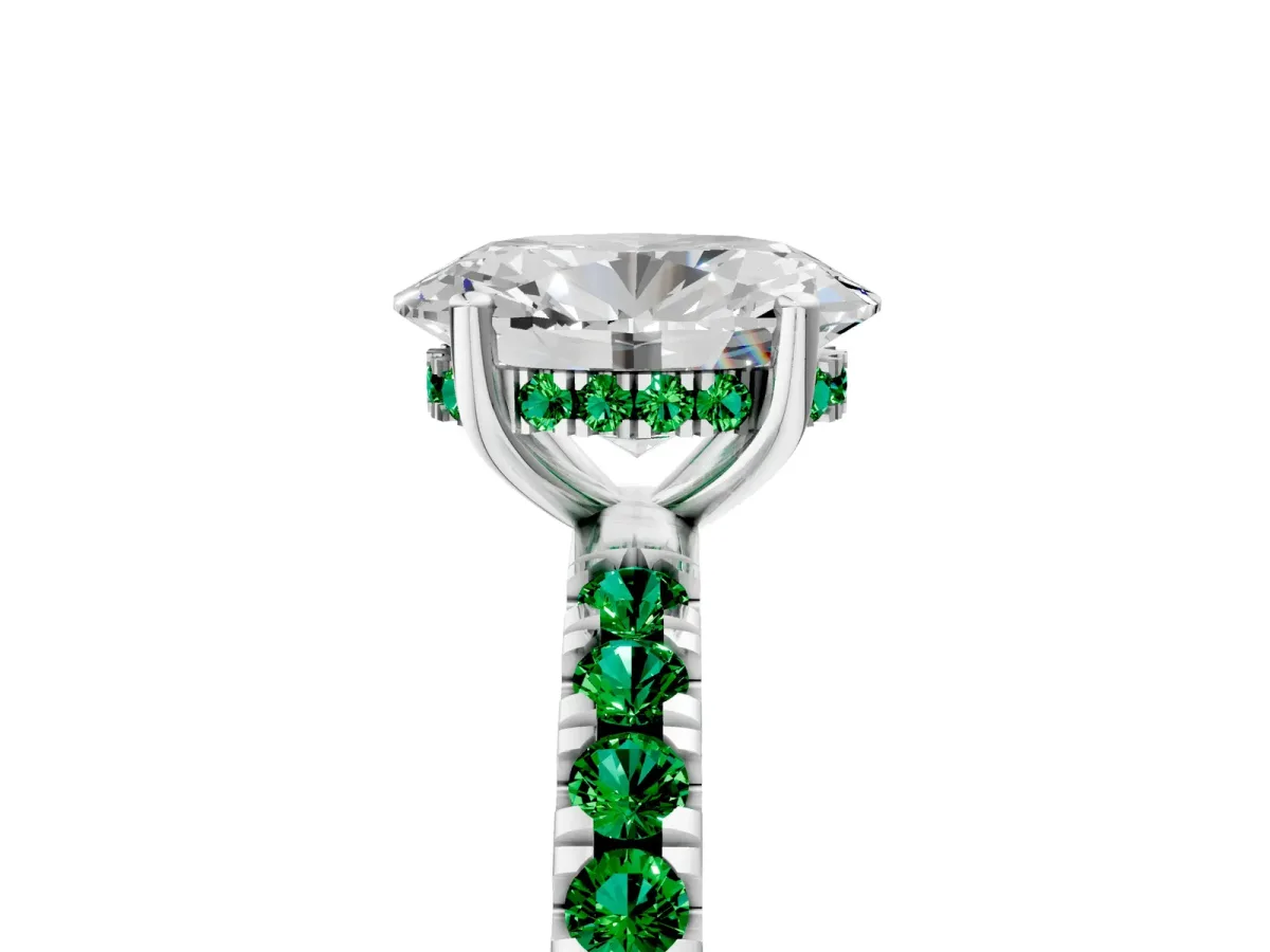 Oval Cut Diamond Pave Band Solitaire Ring with Round Emerald and Prong Setting Silver