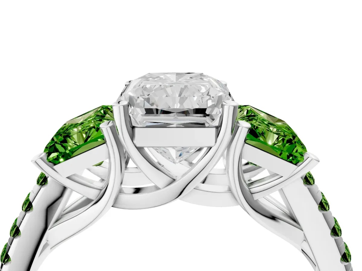 Three-Stone Radiant Cut Diamond Ring with Round Peridot Pavé Band and Prong Setting Silver