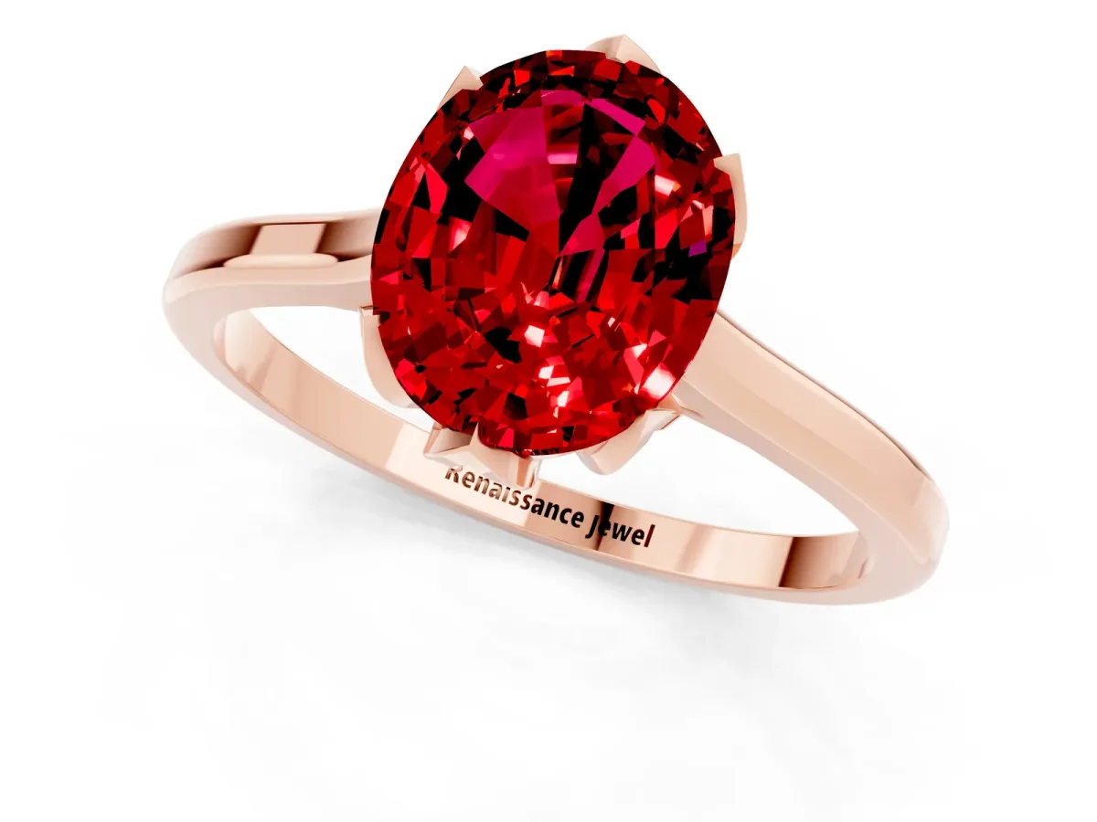 Oval Cut Ruby Solitaire Ring with Flower Prong Setting and Classic Band Rose gold