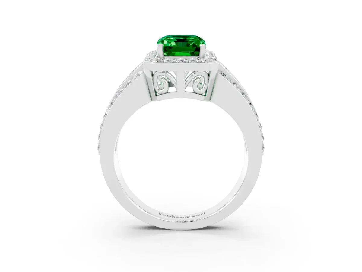 Emerald Cut Halo Emerald Ring with Round Split Shank and Prong Setting White gold