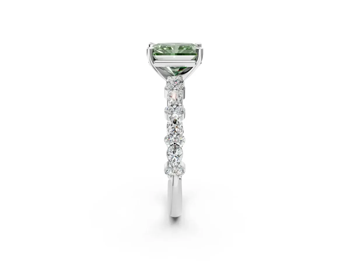 Fancy Green Radiant Cut Diamond Side Stone Solitaire Ring with Round and Four-Prong Setting Platinum