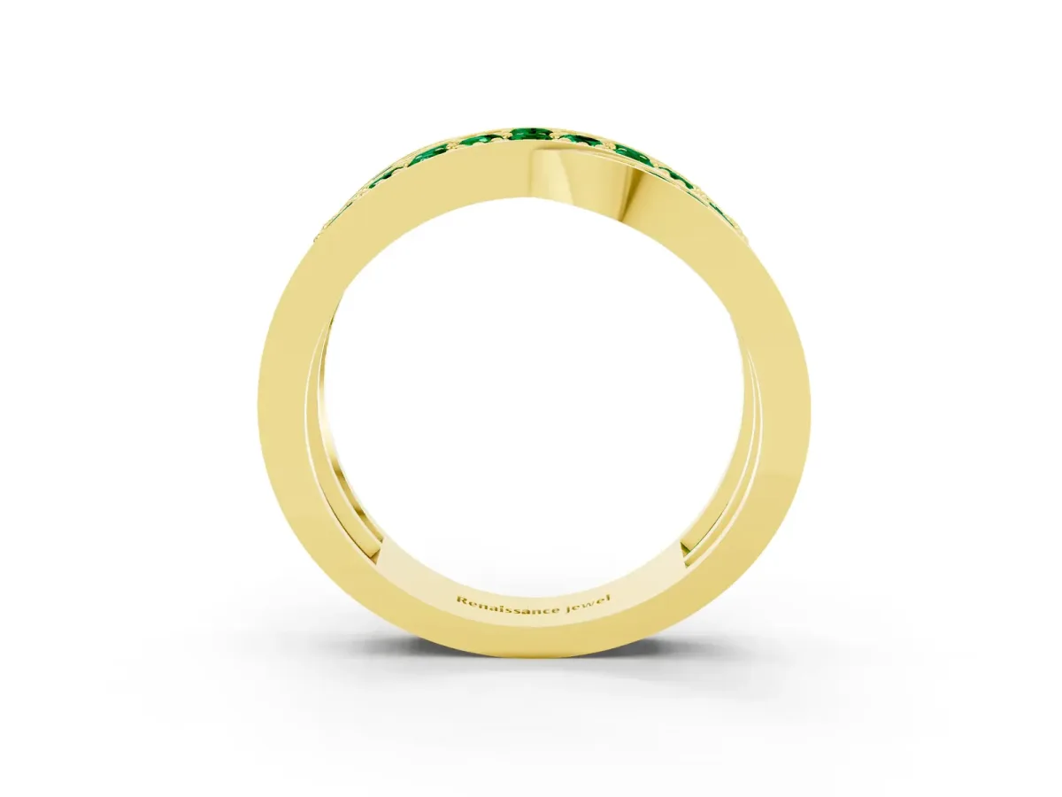 Pavé Round Emerald Crossover Band with Bead Prong Setting Yellow gold