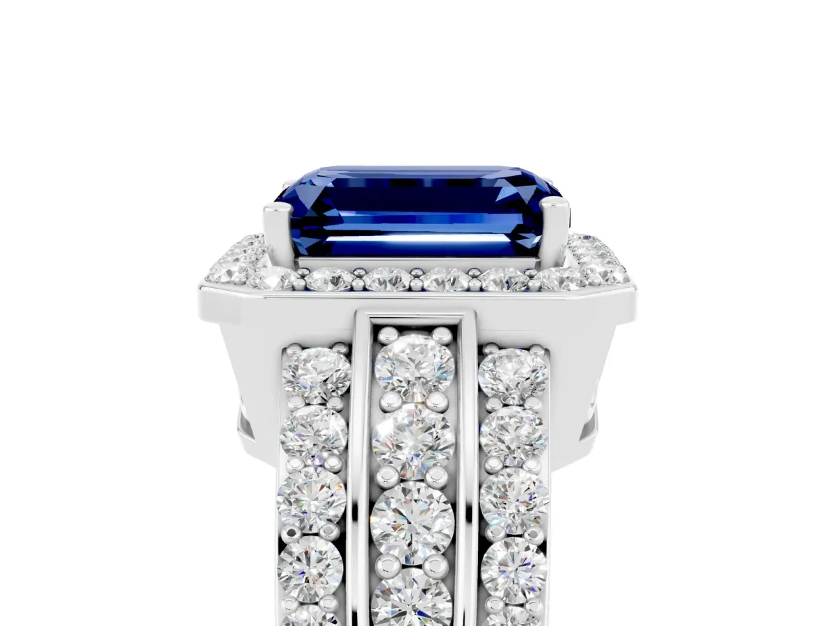 Emerald Cut Halo Blue Sapphire Ring with Round Split Shank and Prong Setting Platinum