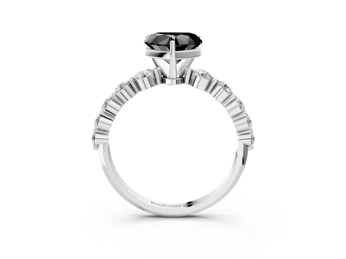 Fancy Black Heart Cut Solitaire Diamond Ring with Pave Band and Four-Prong Setting Silver
