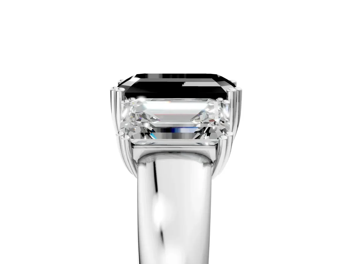 Fancy Black Three-Stone Emerald Cut Cut Diamond Ring with Channel Set Band and Four-Prong Setting Silver