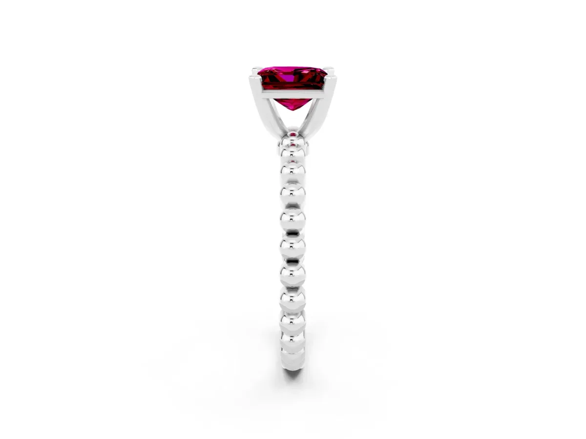 Princess Cut Garnet Solitaire Ring with Beaded Band and Prong Setting Platinum