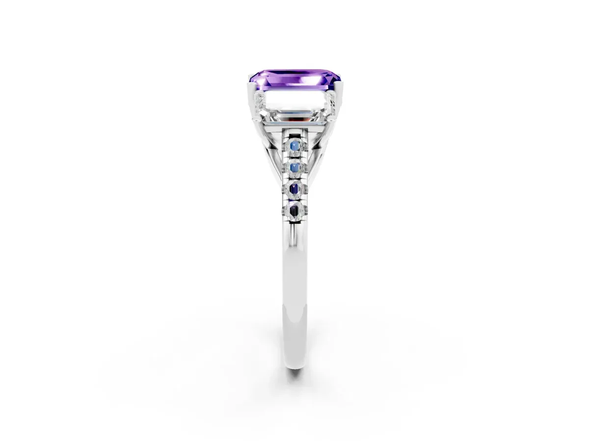 Three-Stone Emerald Cut Tanzanite Ring with Round Pavé Band and Prong Setting Platinum
