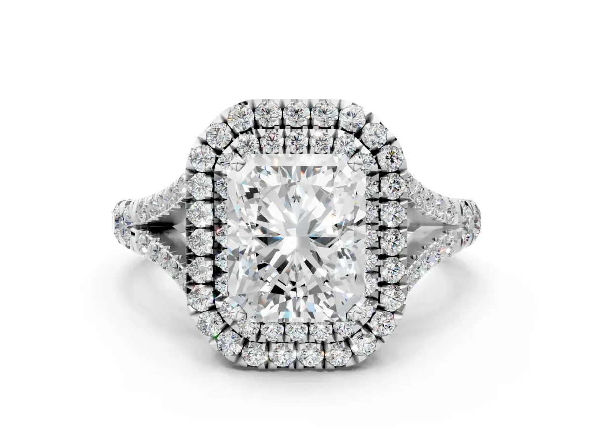 Radiant Cut Cut Double Halo Split Shank Diamond Ring with Prong Setting Platinum