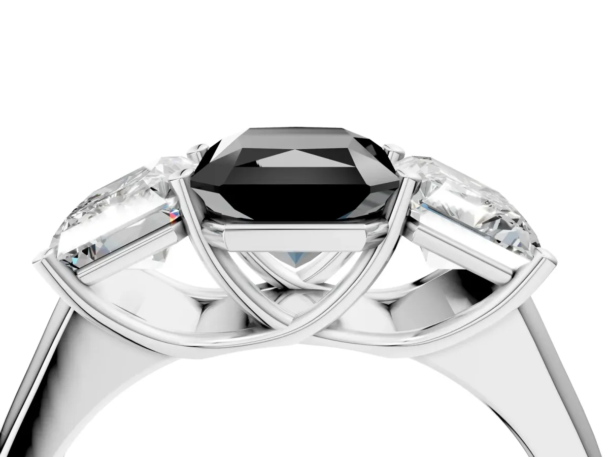 Fancy Black Radiant Cut Three-Stone Diamond Ring with Prong Setting on a Classic Band Platinum