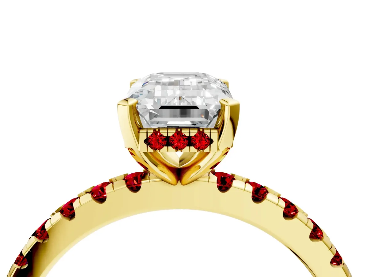 Emerald Cut Diamond Solitaire Ring with Round Ruby Pavé Band and Four-Prong Setting Yellow gold