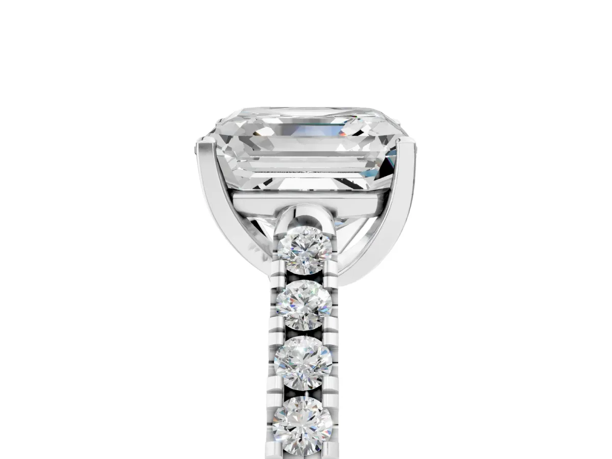 Asscher Cut Diamond Pavé Band Solitaire Ring with Prong Setting Platinum