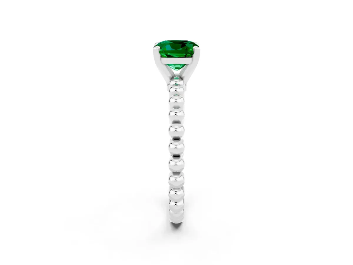 Cushion Cut Emerald Solitaire Ring with Beaded Band and Prong Setting Platinum