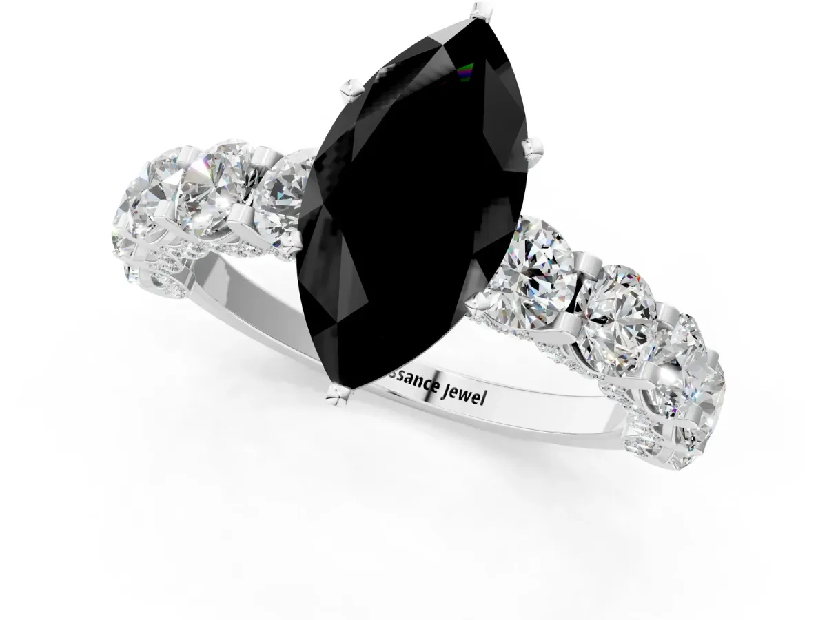 Fancy Black Marquise Cut Diamond Side Stone Engagement Ring with Four-Prong Setting White gold