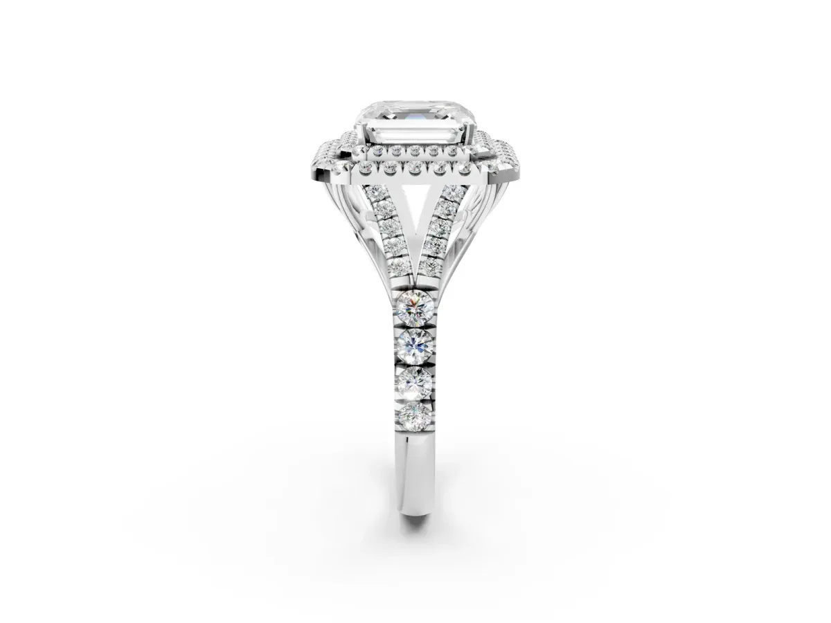 Asscher Cut Cut Double Halo Split Shank Diamond Ring with Prong Setting Platinum