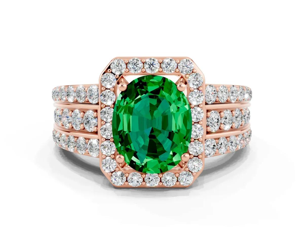 Oval Cut Halo Emerald Ring with Round Split Shank and Prong Setting Rose gold