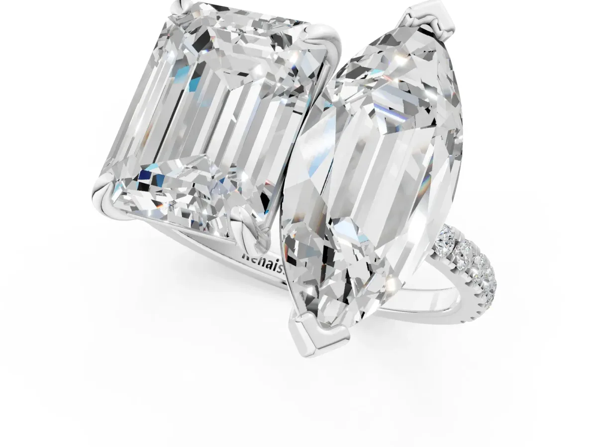 Emerald and Marquise Toi Moi Ring with Prong Setting and Micro Pave Band Silver