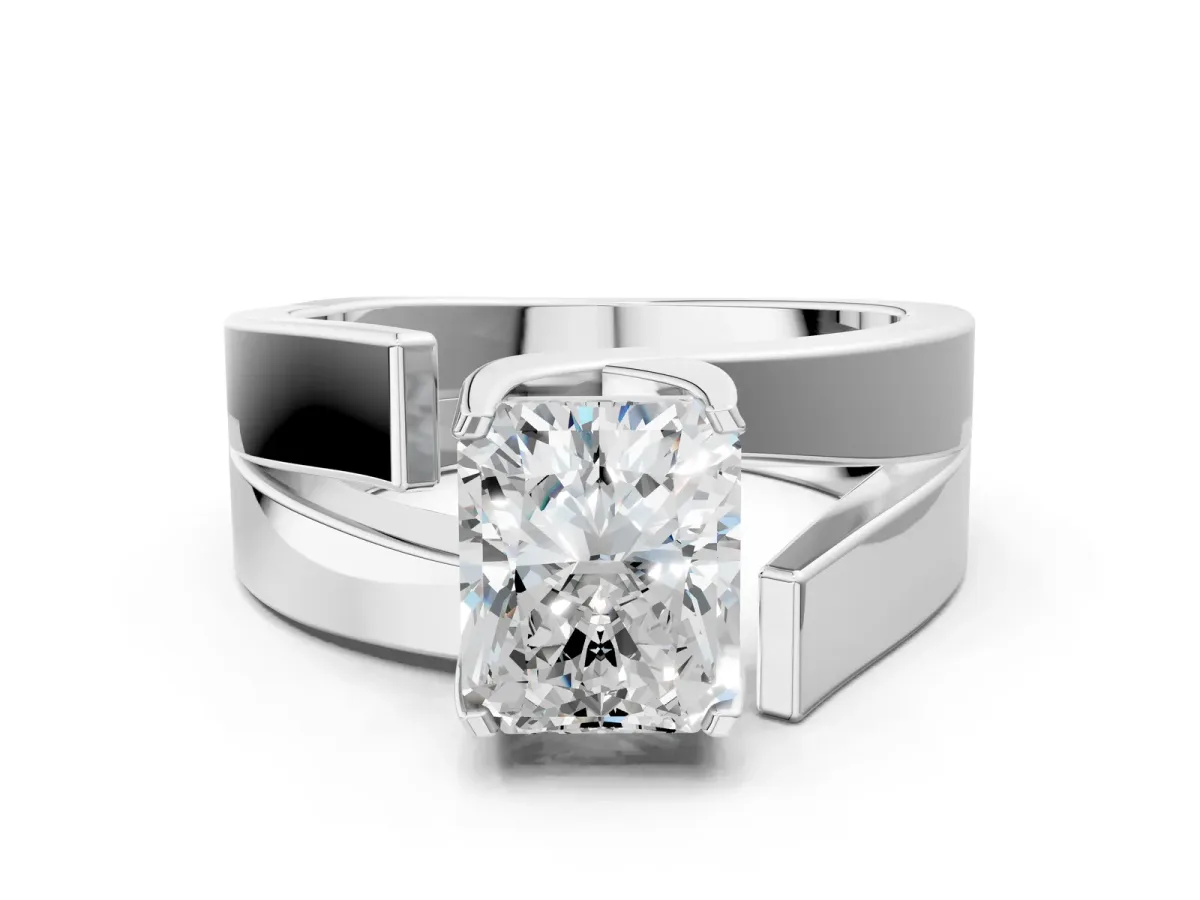 Modern Tension Set Radiant Cut Diamond Solitaire Wide Band Ring Silver