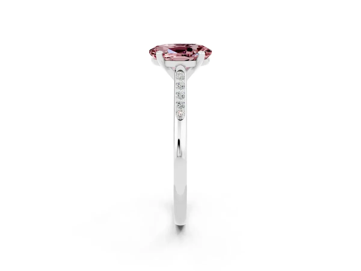 Oval Cut Morganite Solitaire Ring with Channel Set Round Band and Prong Setting Silver