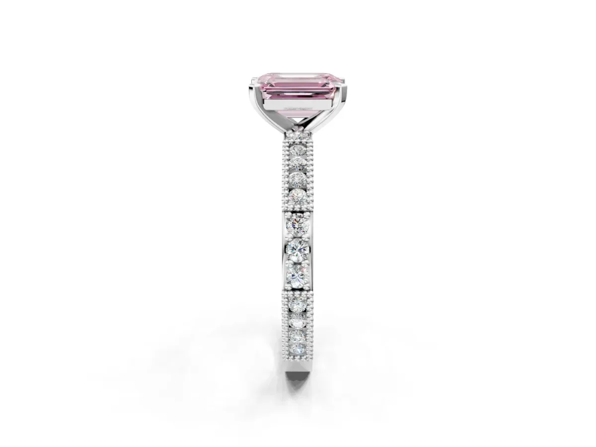 Fancy Pink Emerald Cut Solitaire with Pavé Band and Four-Prong Setting Platinum
