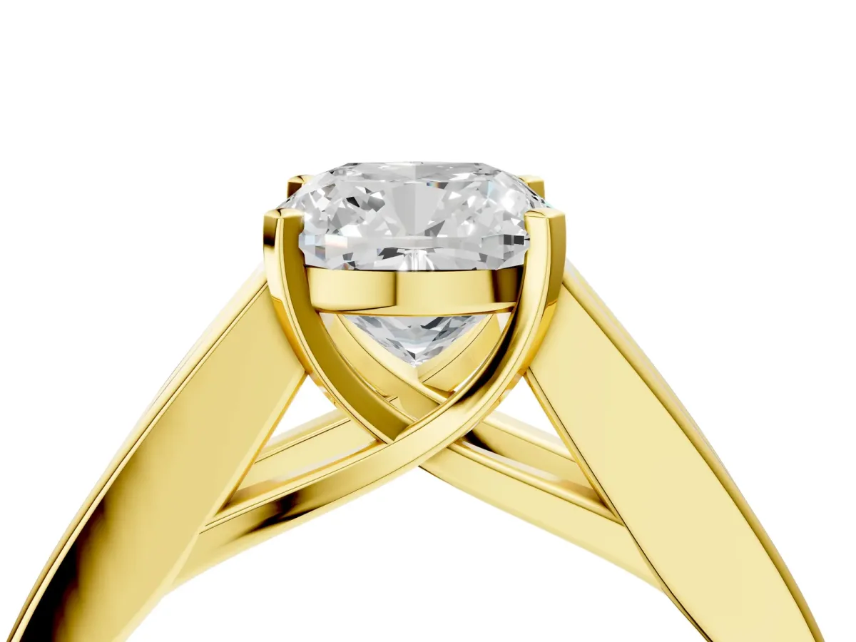 Cushion Cut Cut Channel Set Solitaire Ring with Four-Prong Setting Yellow gold