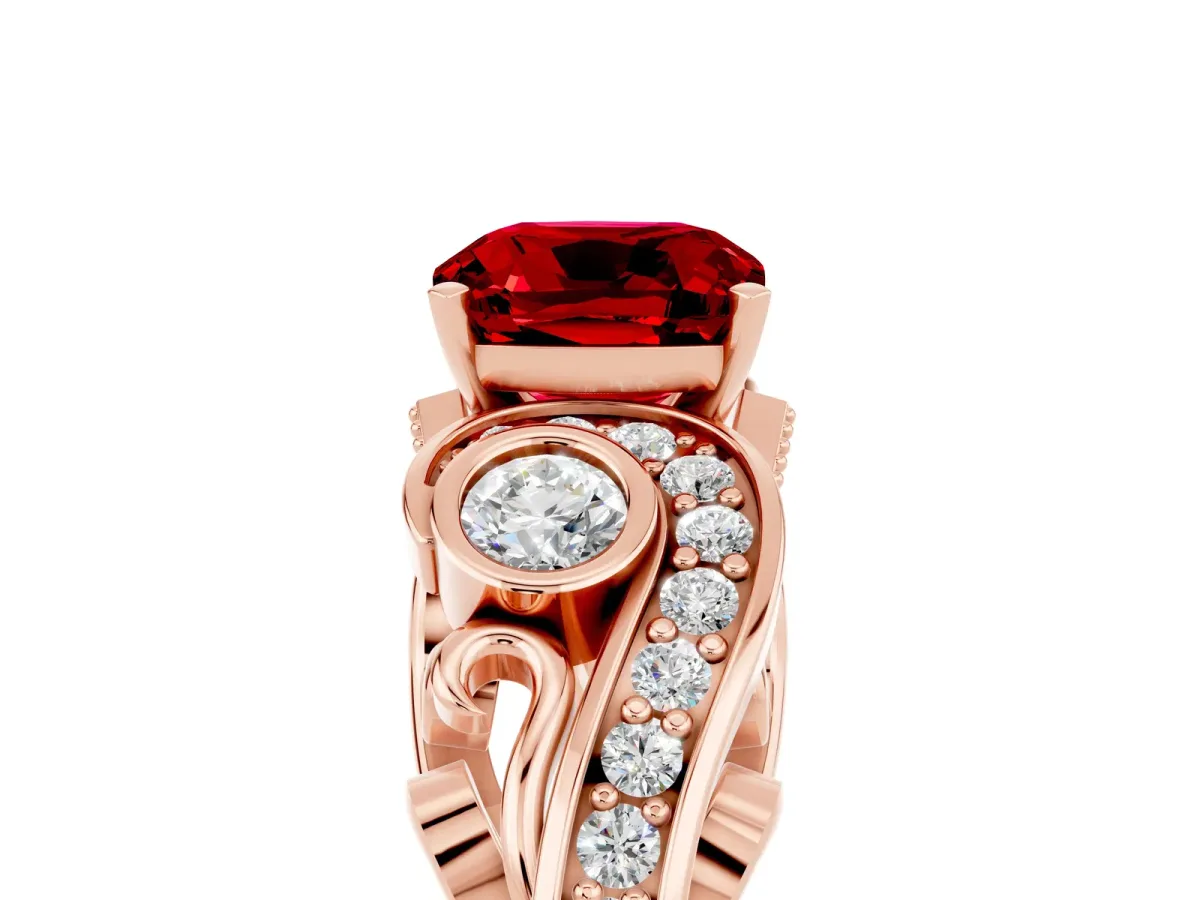 Cushion Cut Ruby Solitaire Ring with Milgrain Pavé Band and Four-Prong Setting Rose gold