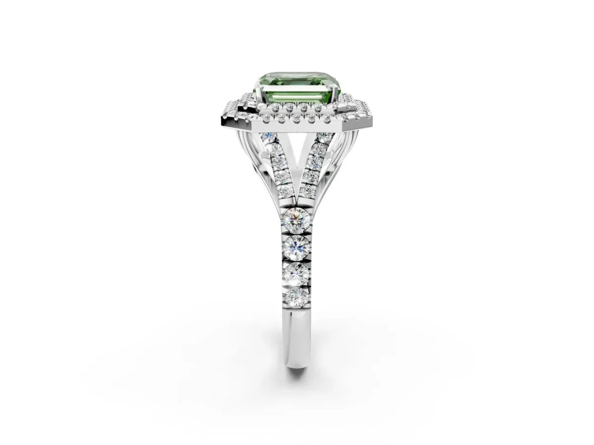 Fancy Green Asscher Cut Diamond Double Halo Ring with Split Shank and Prong Setting Silver