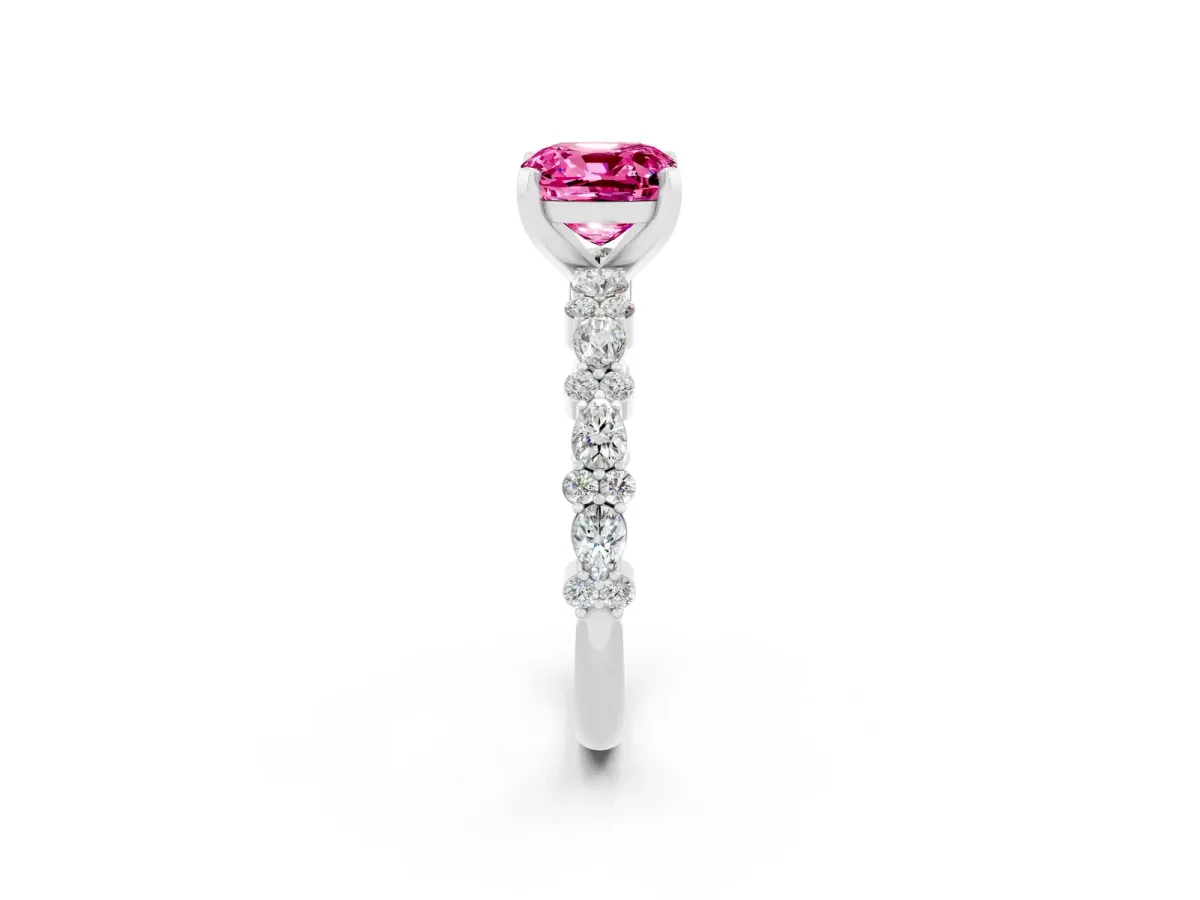 Cushion Cut Pink Sapphire Side Stone Solitaire Ring with Round and Four-Prong Setting Silver