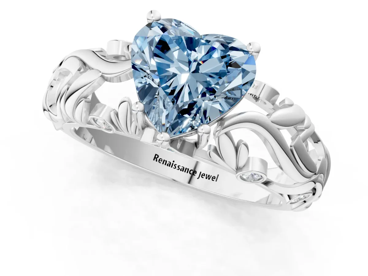 Fancy Blue Heart Cut Solitaire Diamond Leaf-Inspired Vine Band Ring with Prong Setting Platinum