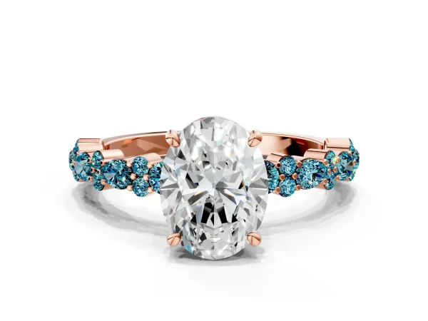 Oval Cut Diamond Side Stone Solitaire Ring with Round Blue Topaz and Four-Prong Setting Rose gold
