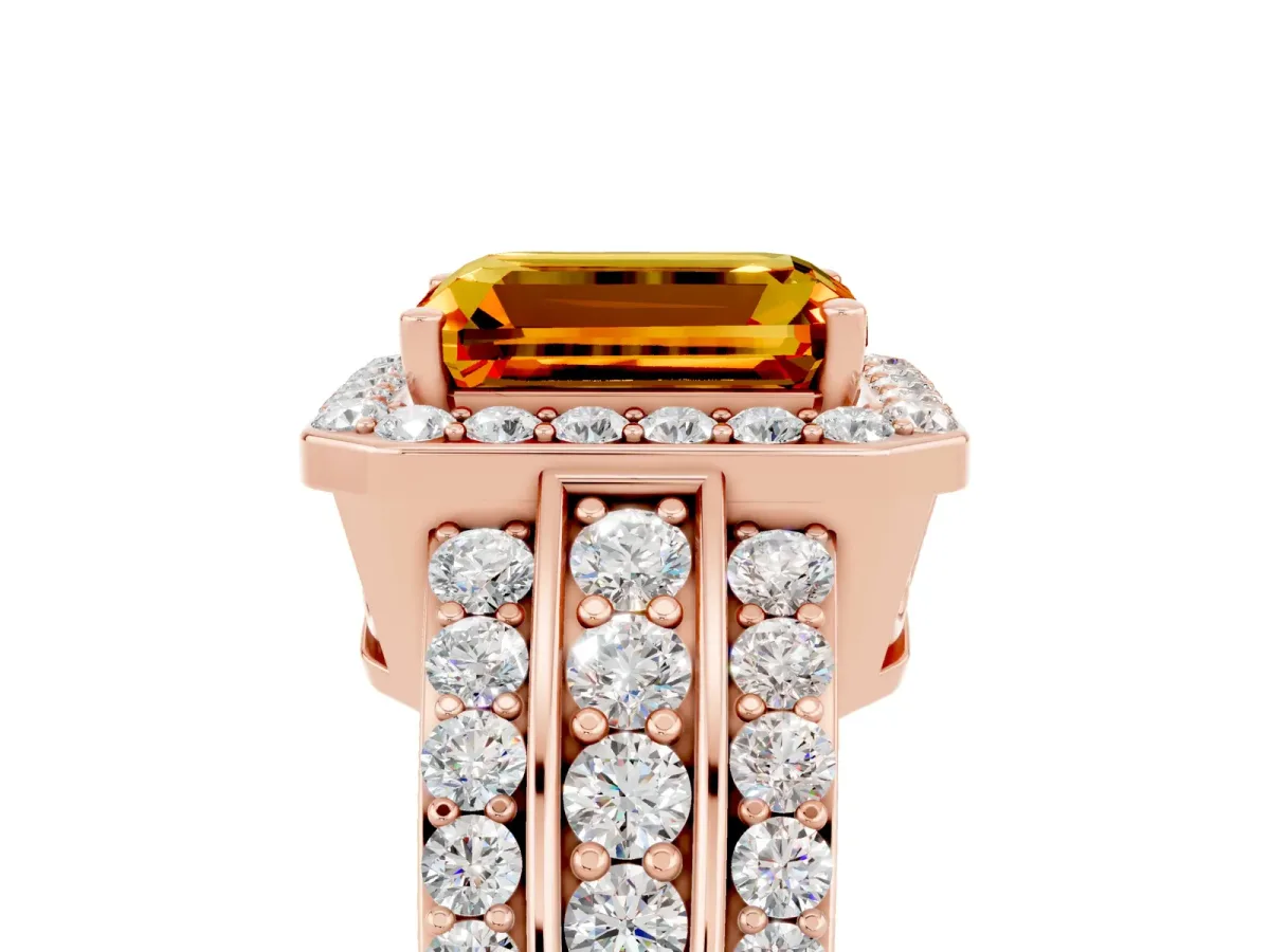 Emerald Cut Halo Citrine Ring with Round Split Shank and Prong Setting Rose gold