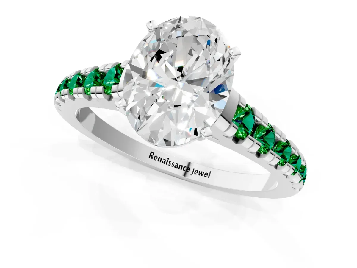 Oval Cut Diamond Cathedral Solitaire Ring with Round Emerald Pavé Band Platinum