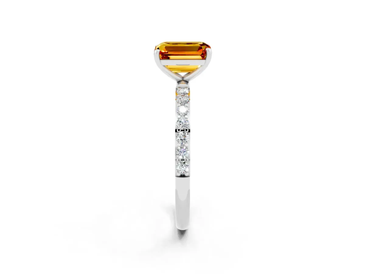 Emerald Cut Citrine Solitaire Ring with Round Pavé Band and Prong Setting Platinum