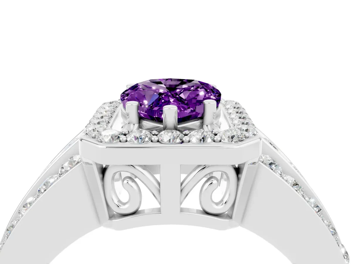 Pear Cut Halo Amethyst Ring with Round Split Shank and Prong Setting White gold