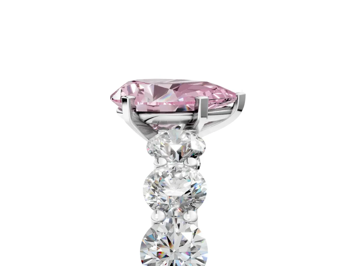 Fancy Pink Pear Cut Diamond Prong Setting with Side Stones on a Pave Band Silver