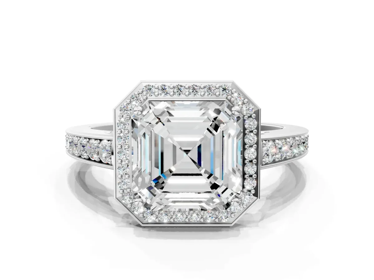 Asscher Cut Halo Pavé Diamond Engagement Ring with Bezel Setting Silver